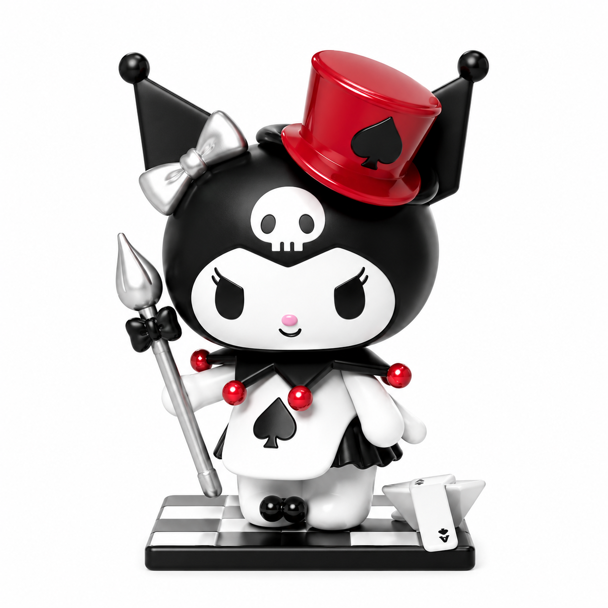 Cartoon character figurine with black hat, red top hat, and skull design on a white background